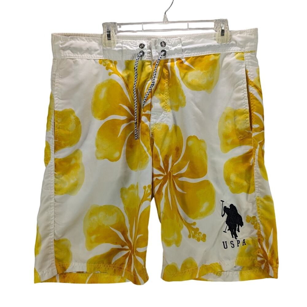 United States Polo Association Swim Trunks Mens 38 USPA Yellow White Big Pony